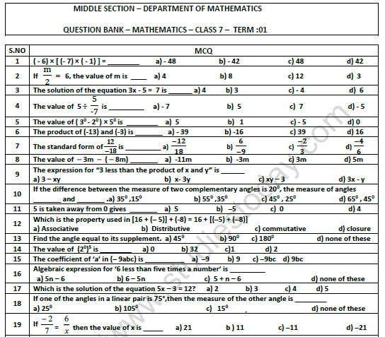 class 7 mathematics pdf test papers